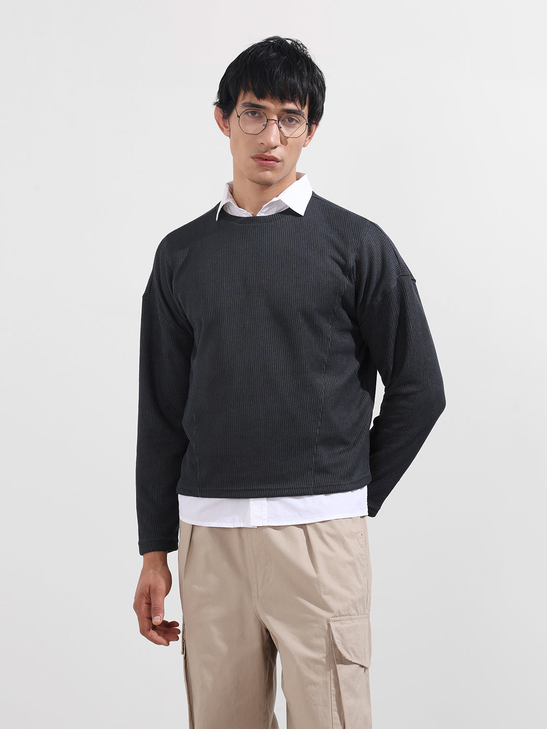 Men's Grey Boxy Fit Textured Casual T-Shirt