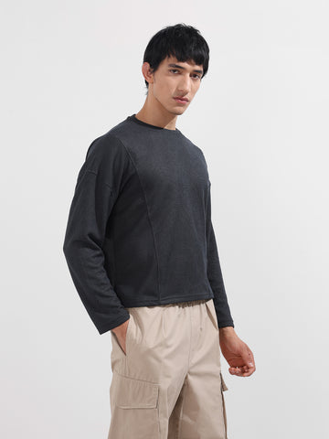 Men's Grey Boxy Fit Textured Casual T-Shirt