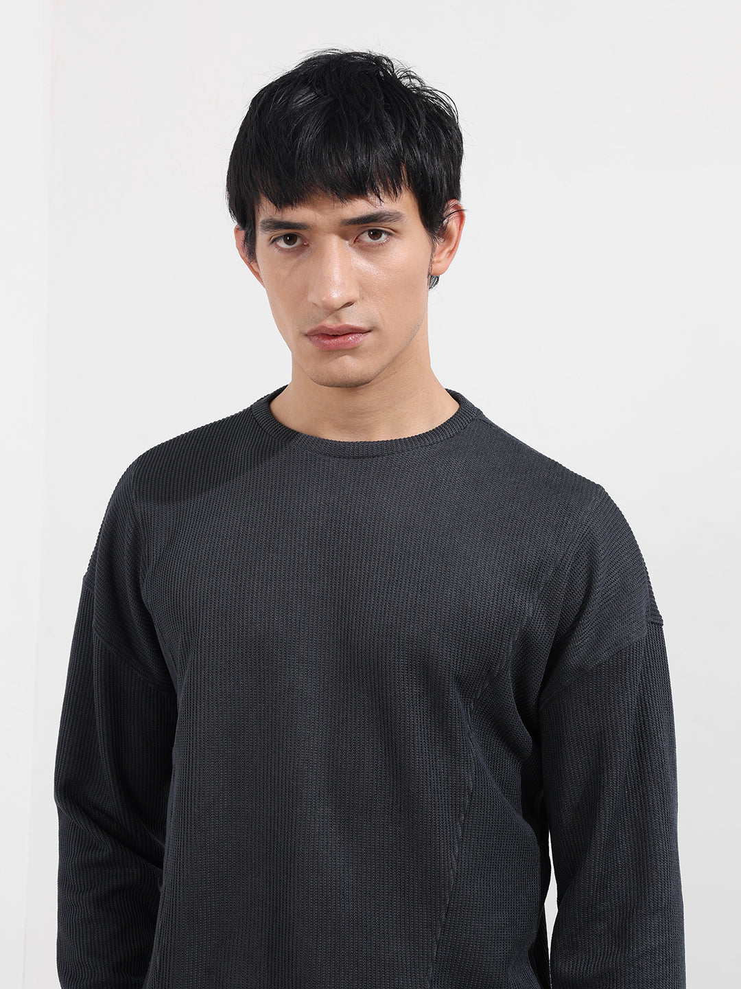 Men's Grey Boxy Fit Textured Casual T-Shirt