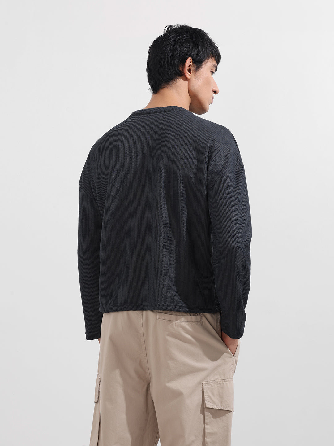 Men's Grey Boxy Fit Textured Casual T-Shirt