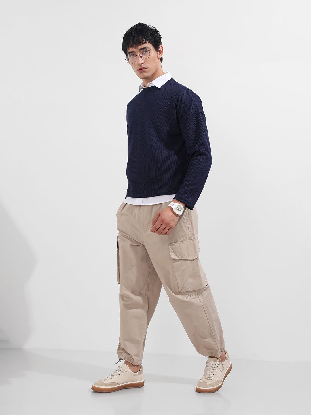 Men's Navy Blue Boxy Fit Textured Casual T-Shirt