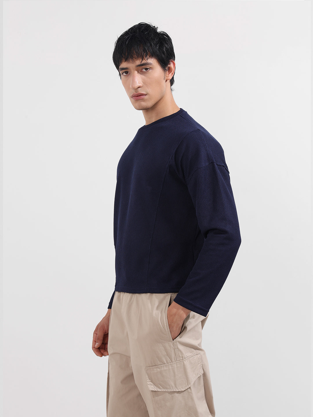 Men's Navy Blue Boxy Fit Textured Casual T-Shirt