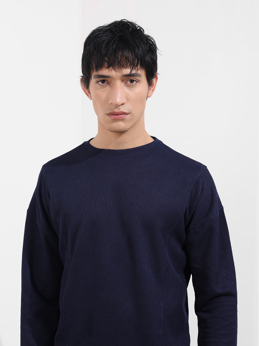 Men's Navy Blue Boxy Fit Textured Casual T-Shirt