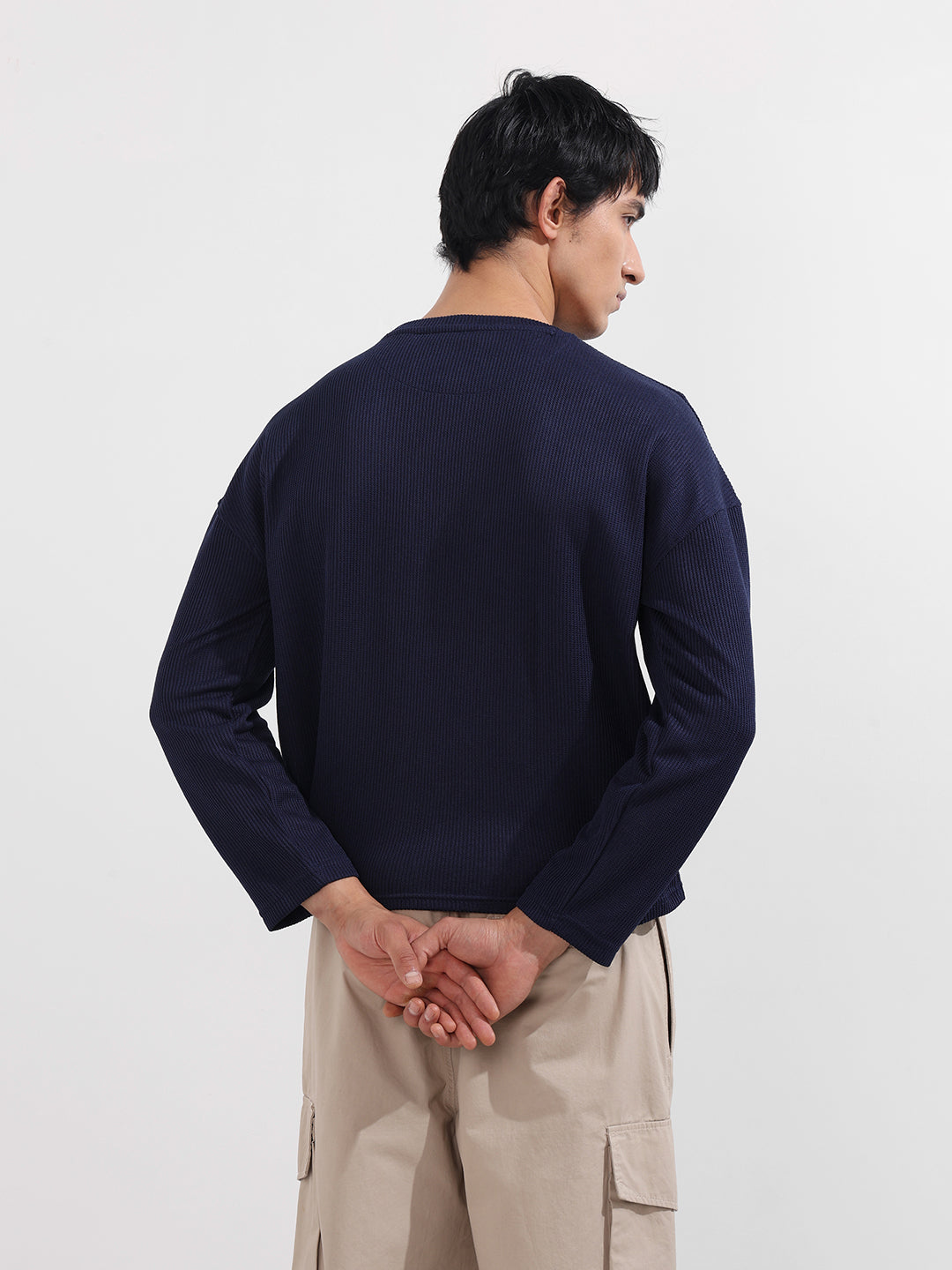 Men's Navy Blue Boxy Fit Textured Casual T-Shirt
