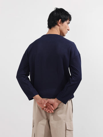 Men's Navy Blue Boxy Fit Textured Casual T-Shirt