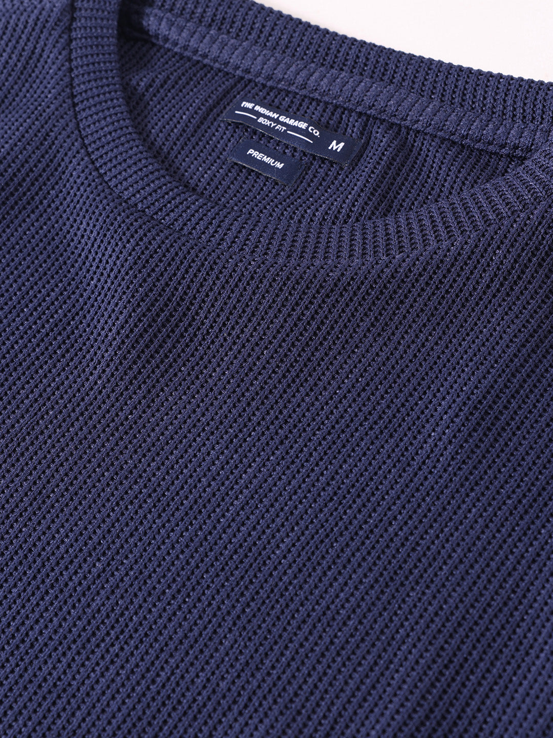 Men's Navy Blue Boxy Fit Textured Casual T-Shirt