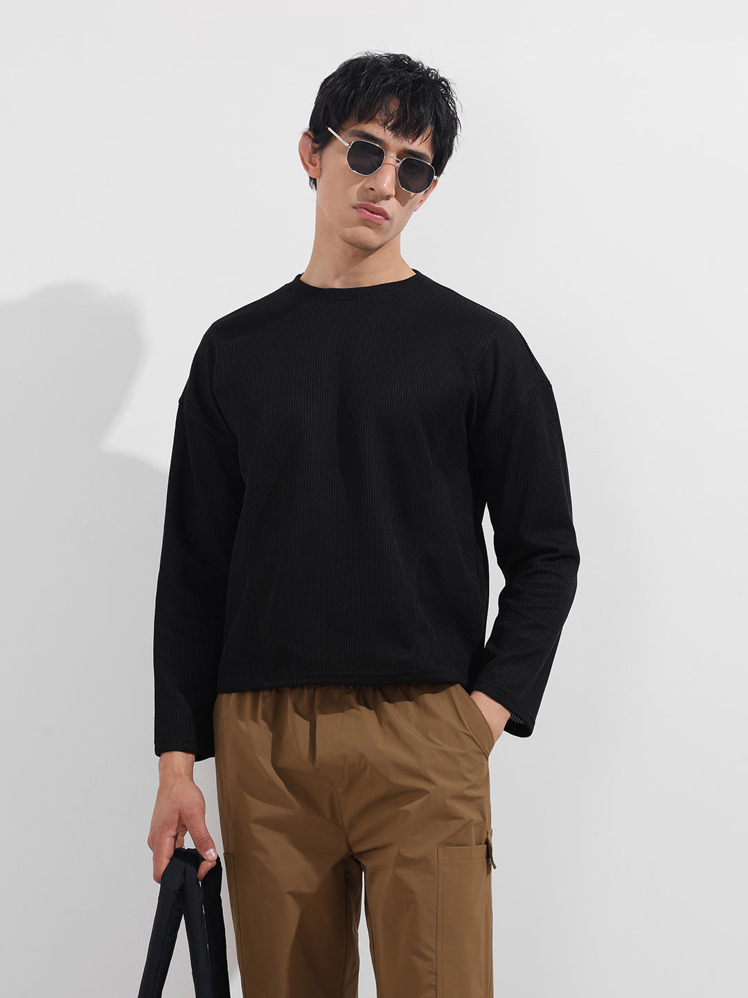 Men's Black Boxy Fit Textured Casual T-Shirt