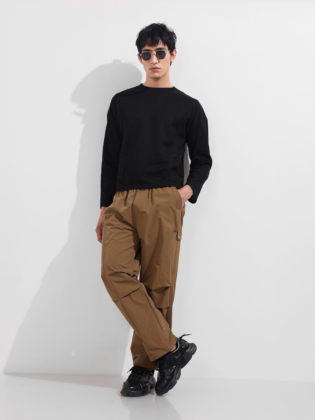 Men's Black Boxy Fit Textured Casual T-Shirt