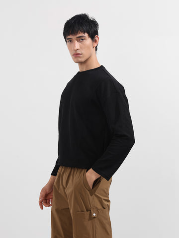 Men's Black Boxy Fit Textured Casual T-Shirt