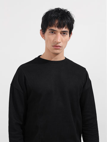 Men's Black Boxy Fit Textured Casual T-Shirt