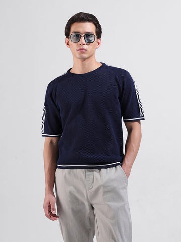 Men's Blue Oversized Fit Solid Flat Knit Crew Neck T-Shirt