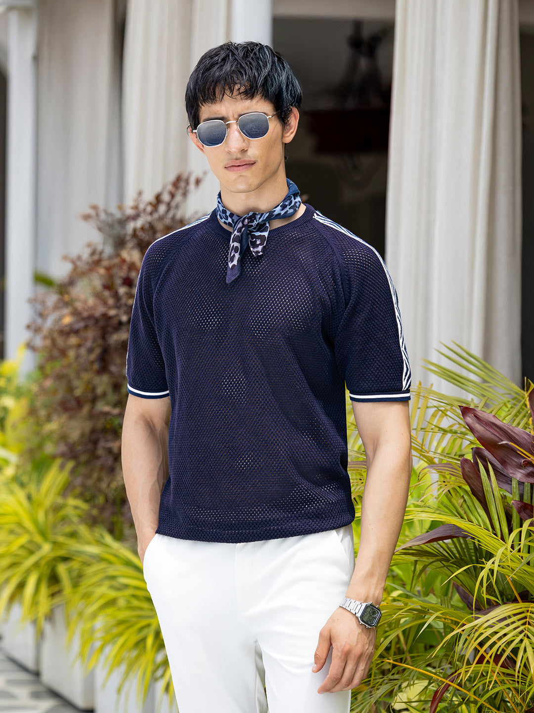 Men's Blue Oversized Fit Solid Flat Knit Crew Neck T-Shirt