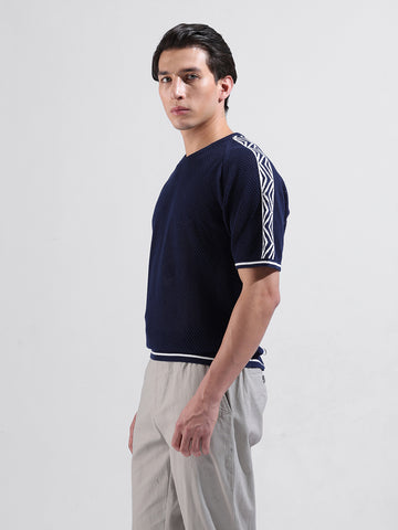 Men's Blue Oversized Fit Solid Flat Knit Crew Neck T-Shirt