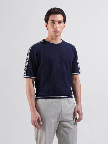 Men's Blue Oversized Fit Solid Flat Knit Crew Neck T-Shirt