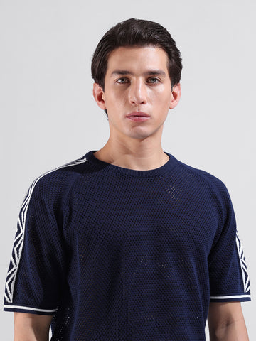 Men's Blue Oversized Fit Solid Flat Knit Crew Neck T-Shirt