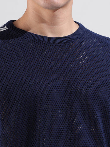 Men's Blue Oversized Fit Solid Flat Knit Crew Neck T-Shirt