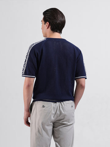 Men's Blue Oversized Fit Solid Flat Knit Crew Neck T-Shirt