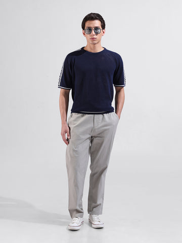 Men's Blue Oversized Fit Solid Flat Knit Crew Neck T-Shirt