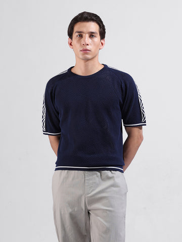 Men's Blue Oversized Fit Solid Flat Knit Crew Neck T-Shirt