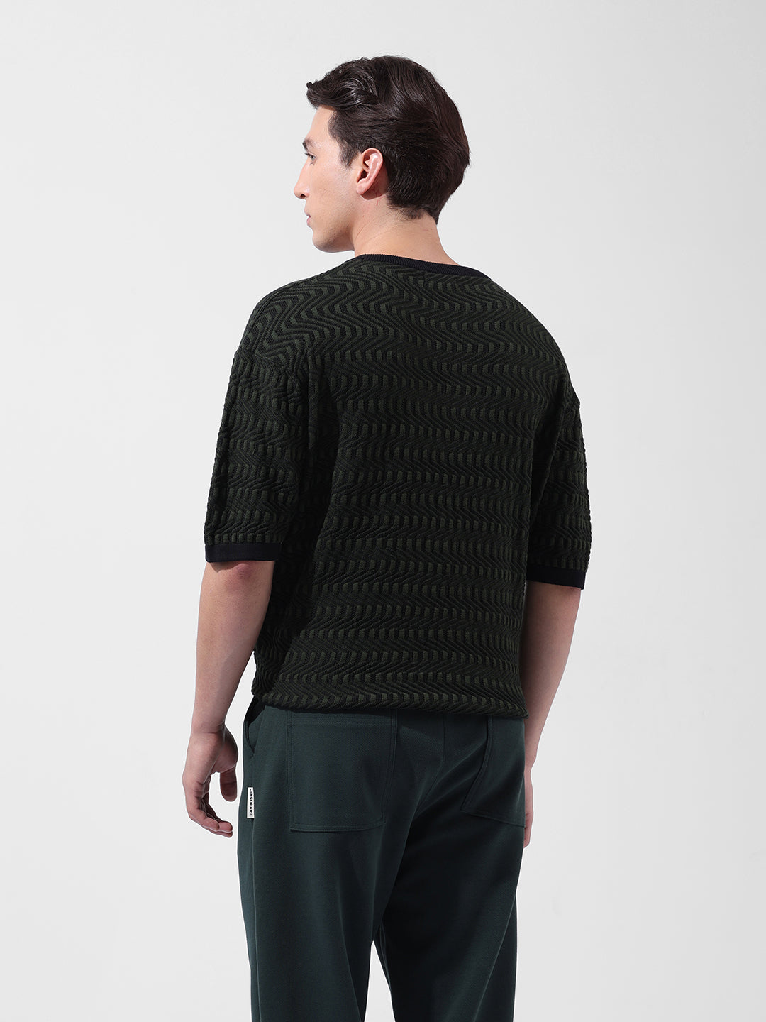 Men's Green Oversized Fit Textured Flat Knit Crew Neck T-Shirt