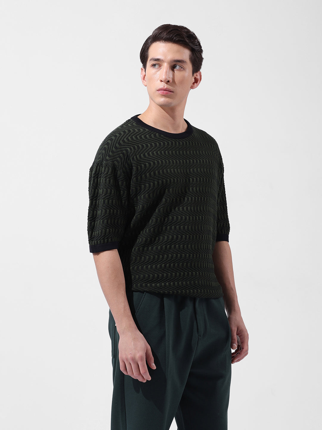 Men's Green Oversized Fit Textured Flat Knit Crew Neck T-Shirt