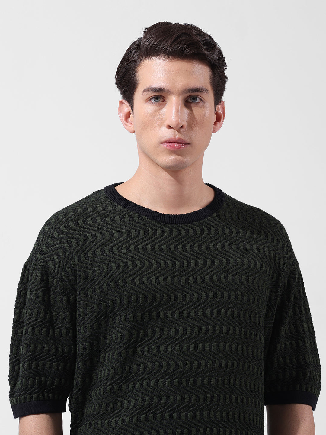 Men's Green Oversized Fit Textured Flat Knit Crew Neck T-Shirt