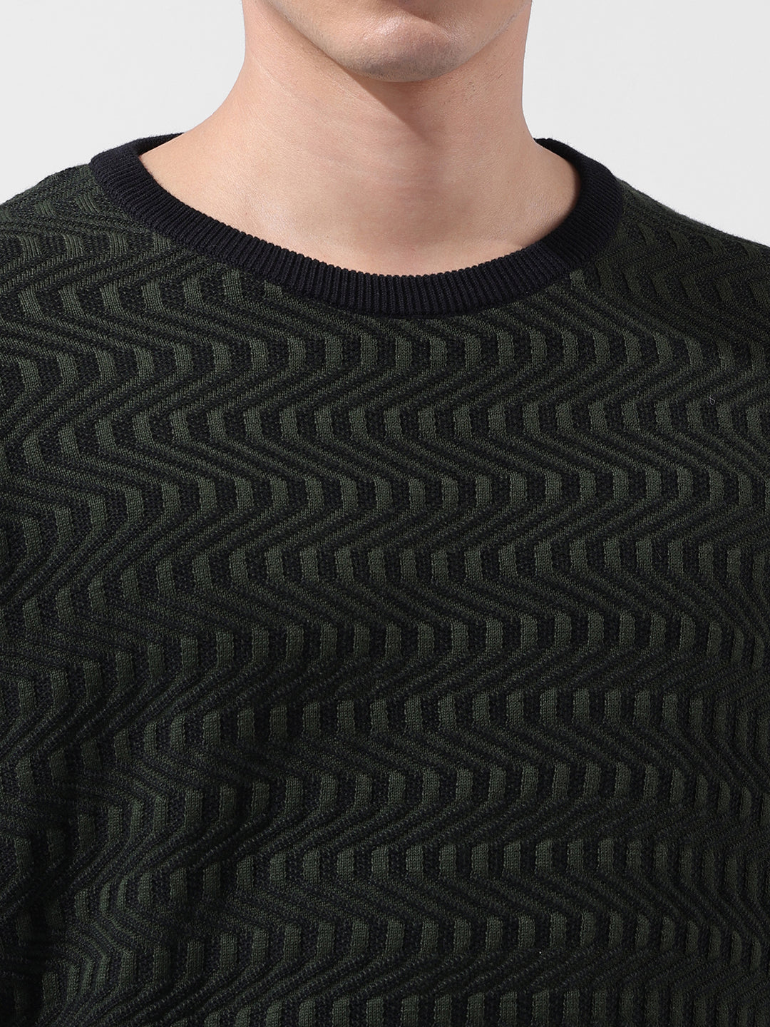 Men's Green Oversized Fit Textured Flat Knit Crew Neck T-Shirt