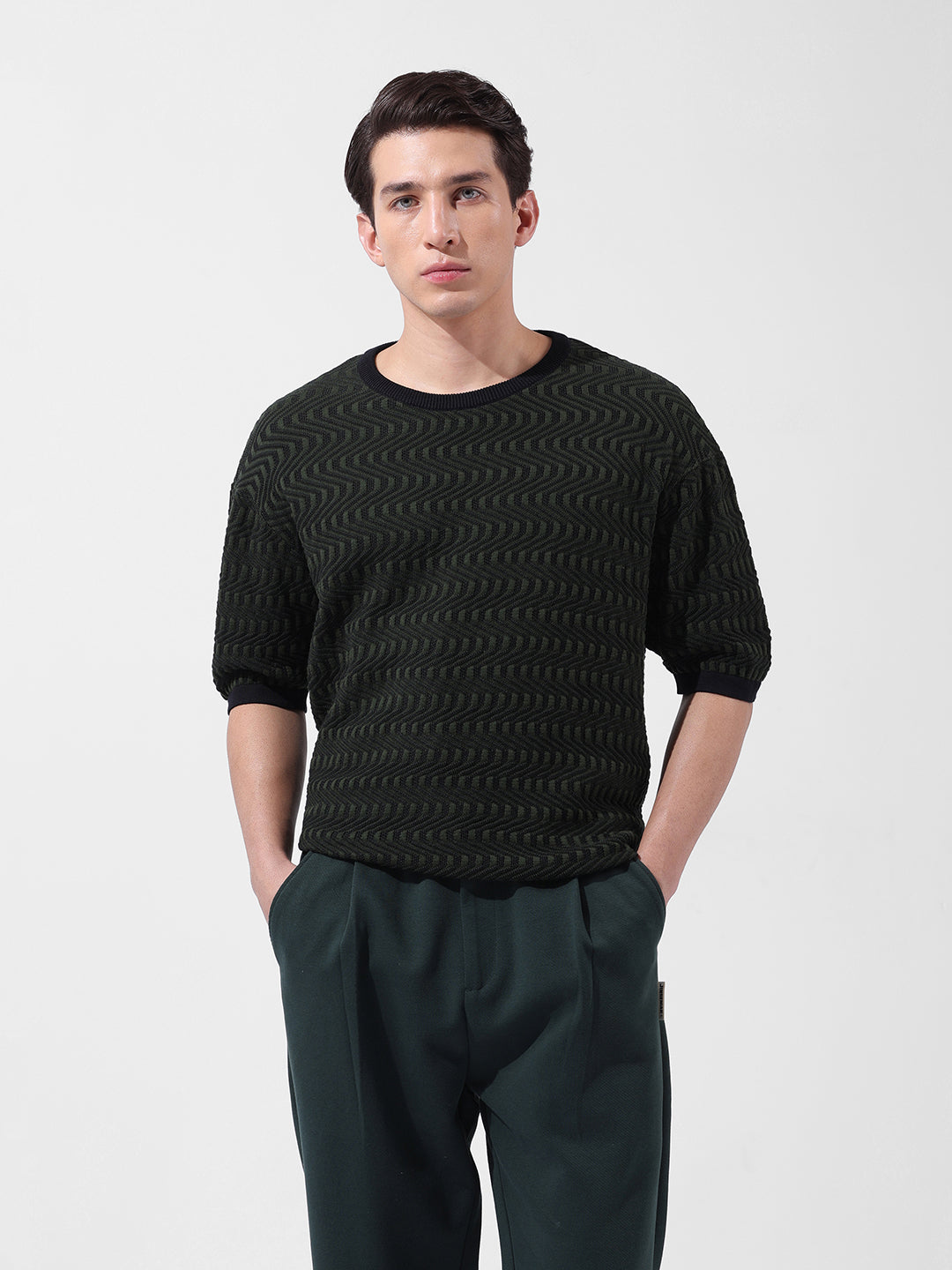 Men's Green Oversized Fit Textured Flat Knit Crew Neck T-Shirt