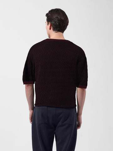 Men's Maroon Oversized Fit Textured Flat Knit Crew Neck T-Shirt