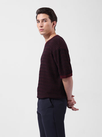 Men's Maroon Oversized Fit Textured Flat Knit Crew Neck T-Shirt