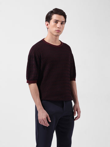Men's Maroon Oversized Fit Textured Flat Knit Crew Neck T-Shirt