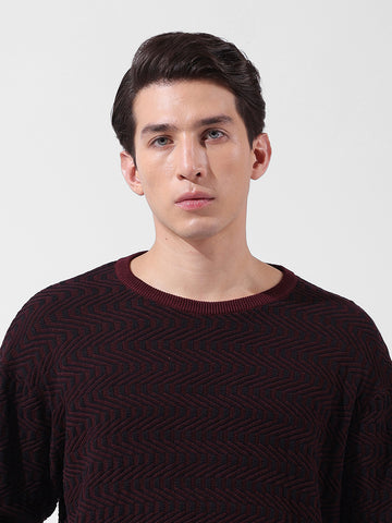 Men's Maroon Oversized Fit Textured Flat Knit Crew Neck T-Shirt