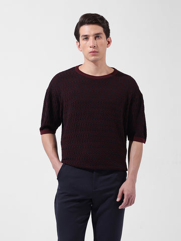 Men's Maroon Oversized Fit Textured Flat Knit Crew Neck T-Shirt