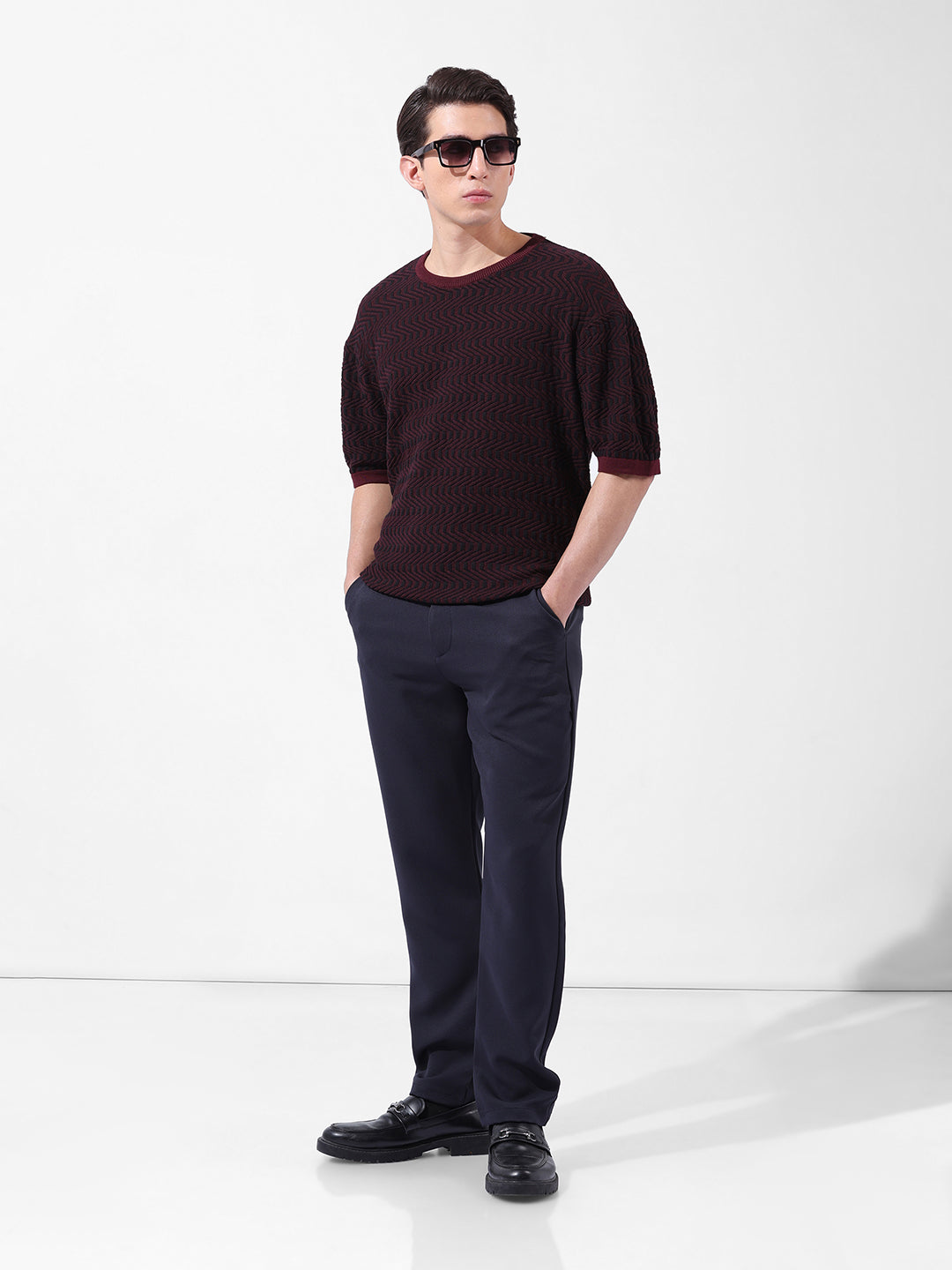 Men's Maroon Oversized Fit Textured Flat Knit Crew Neck T-Shirt