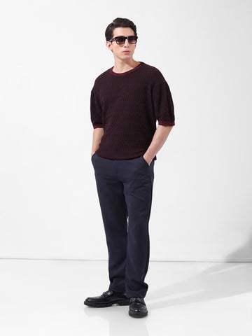 Men's Maroon Oversized Fit Textured Flat Knit Crew Neck T-Shirt