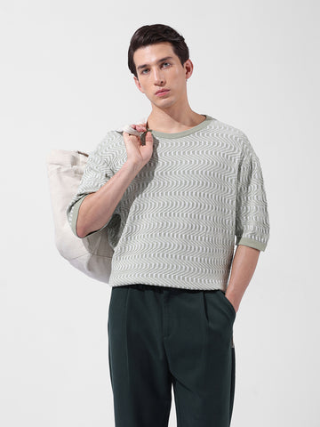 Men's Green Oversized Fit Textured Flat Knit Polo Collar T-Shirt
