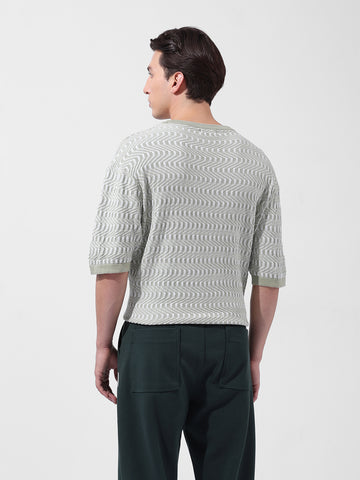 Men's Green Oversized Fit Textured Flat Knit Polo Collar T-Shirt