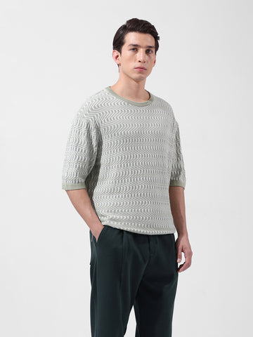Men's Green Oversized Fit Textured Flat Knit Polo Collar T-Shirt