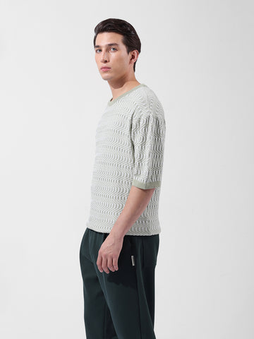 Men's Green Oversized Fit Textured Flat Knit Polo Collar T-Shirt