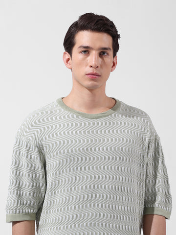 Men's Green Oversized Fit Textured Flat Knit Polo Collar T-Shirt