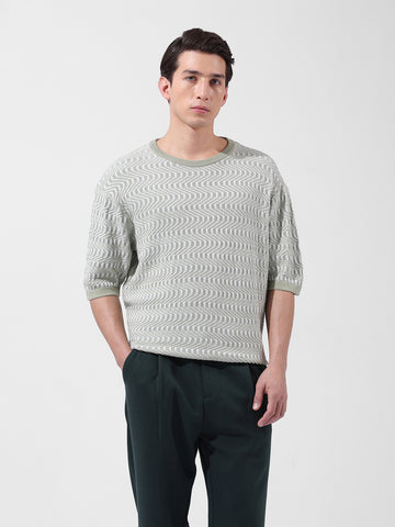 Men's Green Oversized Fit Textured Flat Knit Polo Collar T-Shirt