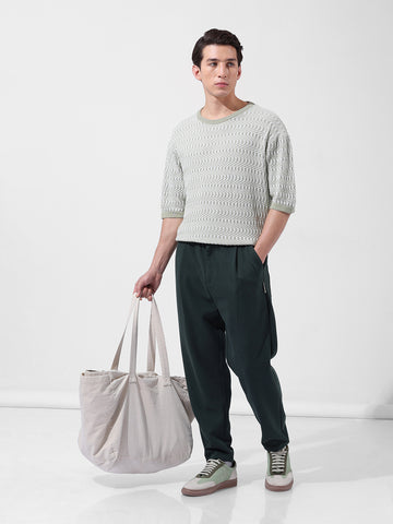 Men's Green Oversized Fit Textured Flat Knit Polo Collar T-Shirt