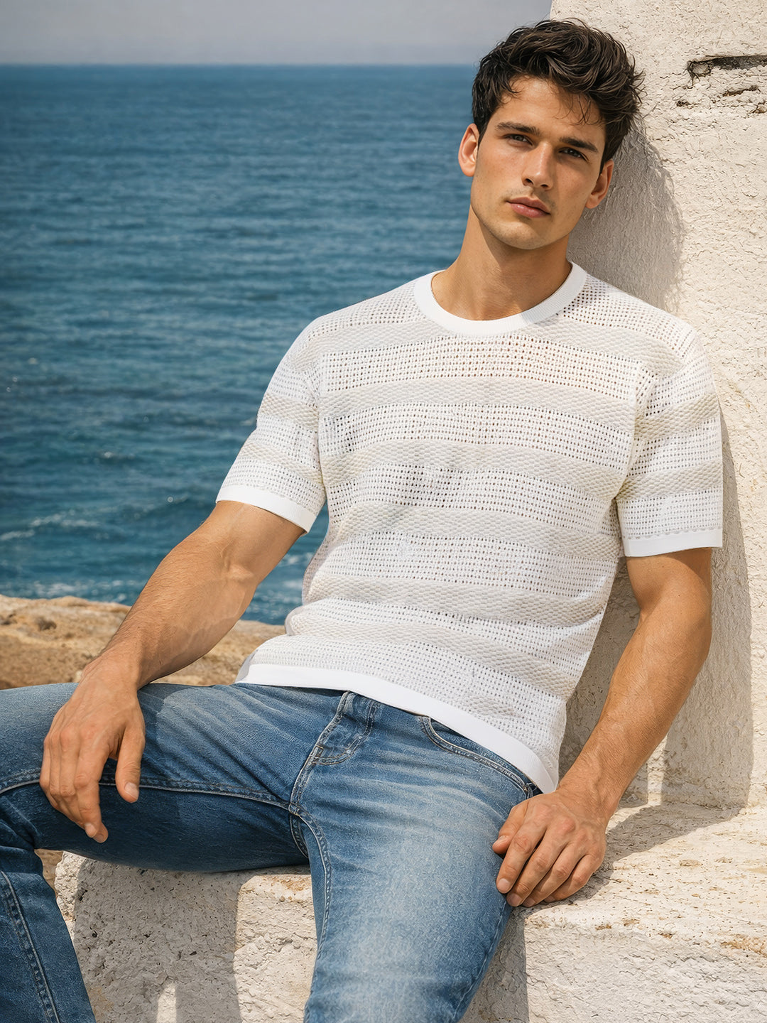 Men's White Oversized Fit Striped Flat Knit Crew Neck T-Shirt