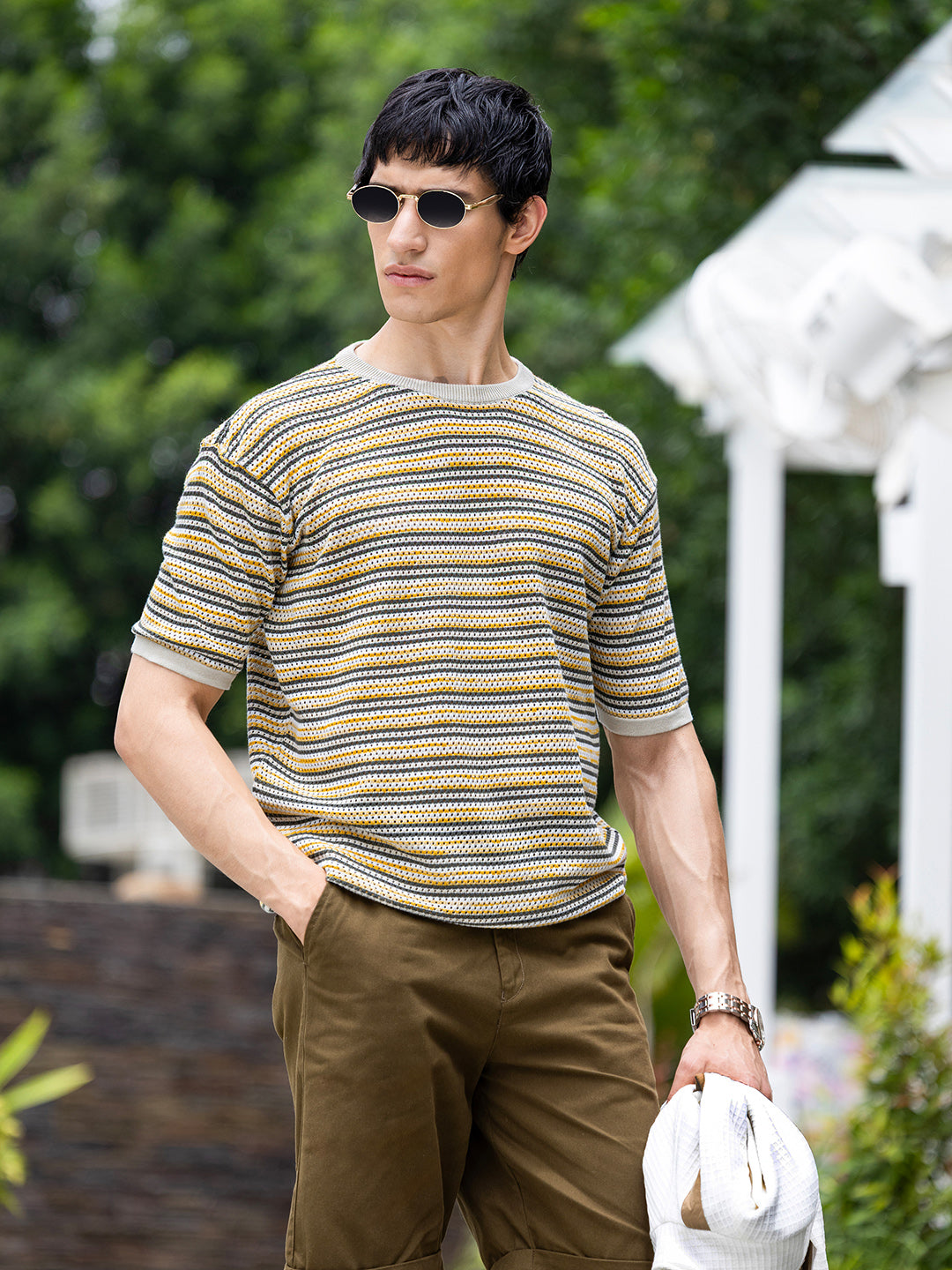 Men's Cream Oversized Fit Textured Flat Knit Polo Collar T-Shirt