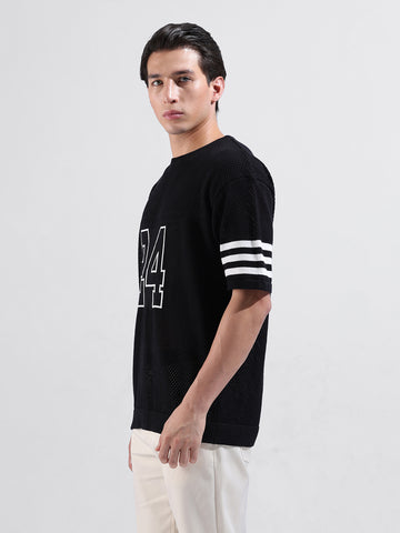 Men's Black Oversized Fit Textured Flat Knit Polo Collar T-Shirt