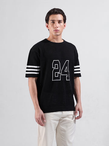 Men's Black Oversized Fit Textured Flat Knit Polo Collar T-Shirt