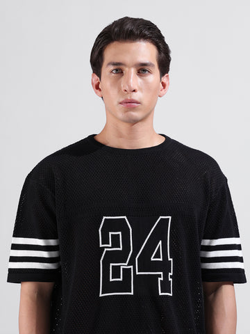 Men's Black Oversized Fit Textured Flat Knit Polo Collar T-Shirt