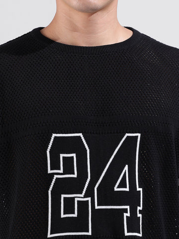 Men's Black Oversized Fit Textured Flat Knit Polo Collar T-Shirt