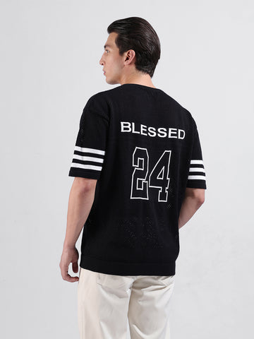 Men's Black Oversized Fit Textured Flat Knit Polo Collar T-Shirt