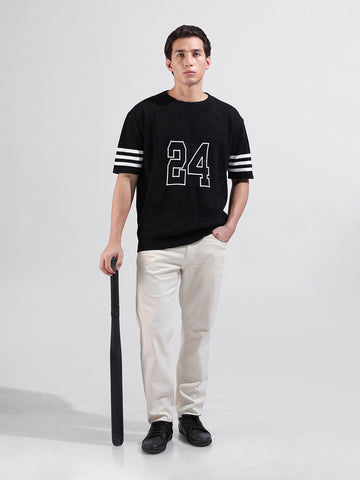Men's Black Oversized Fit Textured Flat Knit Polo Collar T-Shirt